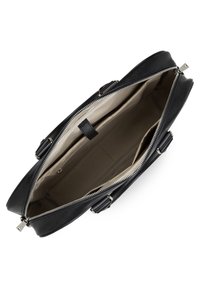 Black leather handbag with a zip closure, featuring an interior with beige lining, multiple compartments, and silver-tone hardware accents.