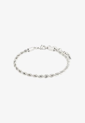 Pulsera de cadena retorcida de plata con un cierre de langosta y acentos tubulares, que presenta una textura suave y un diseño clásico.