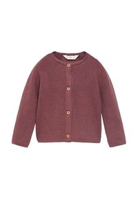 Cardigan lavorato a maglia in un tenue mauve, con collo a giro, maniche lunghe e cinque bottoni in legno sul davanti. Dettaglio del tessuto strutturato visibile.