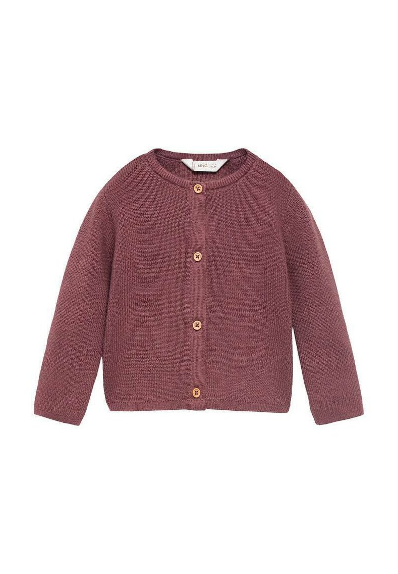 Cardigan lavorato a maglia in un tenue mauve, con collo a giro, maniche lunghe e cinque bottoni in legno sul davanti. Dettaglio del tessuto strutturato visibile.