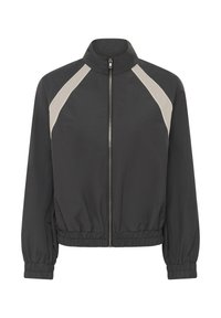 Veste noire zippée avec poignets et ourlet élastiqués, ornée de rayures diagonales beige clair sur les épaules.