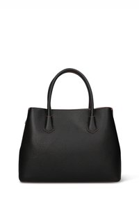 Zwarte leren draagtas met een gestructureerde afwerking, twee schouderhengsels en een stevige vorm. Heeft contrasterende stiksels rondom de randen.