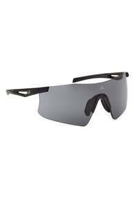 Lunettes de sport noires enveloppantes avec une seule lentille teintée grise et des plaquettes nasales en caoutchouc réglables.