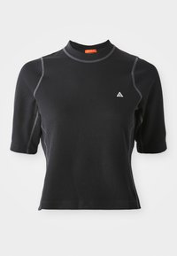 Black short-sleeve top with a high neckline, ribbed texture, grey stitching accents, and a small white triangle logo on the chest.