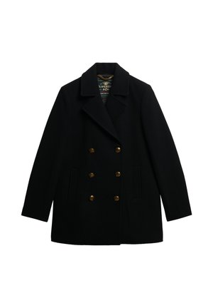 Schwarzer Wollmantel mit doppelter Knopfleiste, großem Kragen, goldenen Knöpfen und zwei Seitentaschen. Strukturiertes Material und taillierte Passform.