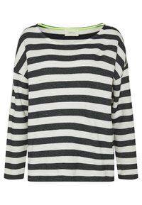 Svart och vit randig långärmad tröja med båtringning. Har en neongrön accent inuti halsringningen. Mjuk textur.