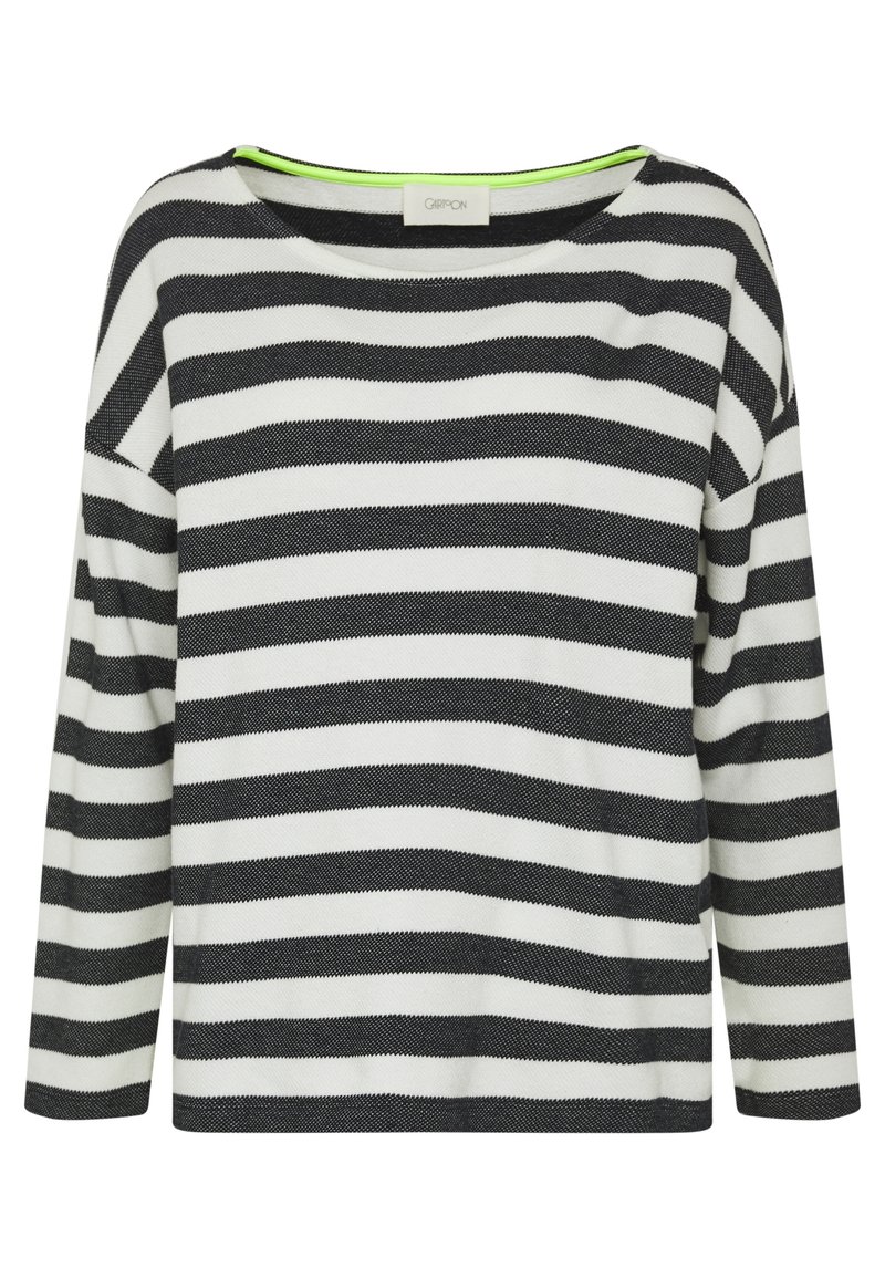 Svart och vit randig långärmad tröja med båtringning. Har en neongrön accent inuti halsringningen. Mjuk textur.