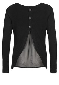 Czarny sweter z przezroczystym szarym tyłem, z trzema dekoracyjnymi guzikami na górze i skośnym dołem. Miękka tkanina i długie rękawy.
