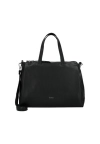 Schwarze Lederhandtasche mit glatter Textur, rechteckiger Form, oberen Tragriemen, abnehmbarem Schultergurt und dezentem Logodetail auf der Vorderseite.