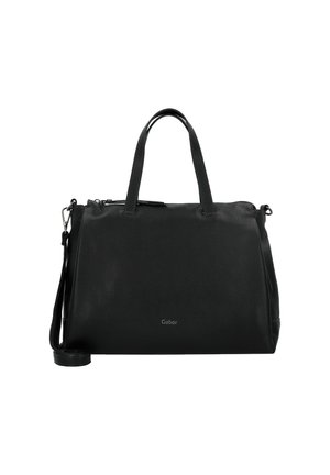 Sac à main en cuir noir avec une texture lisse, de forme rectangulaire, poignées supérieures, bandoulière amovible et un détail de logo subtil à l'avant.