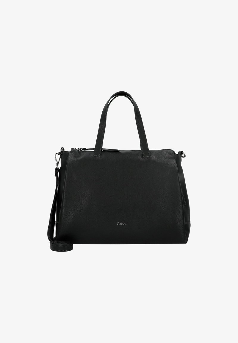 Schwarze Lederhandtasche mit glatter Textur, rechteckiger Form, oberen Tragriemen, abnehmbarem Schultergurt und dezentem Logodetail auf der Vorderseite.