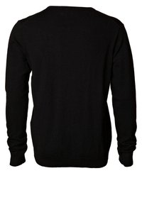 Svart tröja med långa ärmar, ribbade muddar och fåll, gjord av mjukt stickat material, med rund halsringning och enkel design.