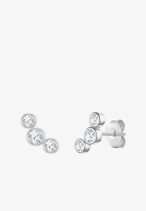 Pendientes de plata con tres piedras preciosas de corte redondo y claro dispuestas en línea, con un acabado pulido y cierres de presión seguros.