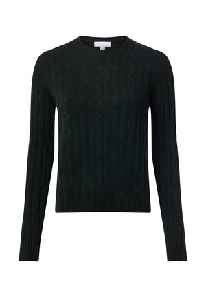 Czarny sweter z długim rękawem, pleciony w warkocze, z okrągłym dekoltem oraz ściągaczami na mankietach i dole, wyeksponowany na jednolitym białym tle.