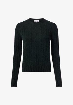Black cable-knit long-sleeve sweater with crew neck and ribbed cuffs and hem, displayed on a plain white background.