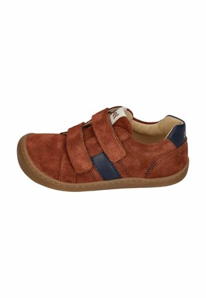 Child's brown suede sneaker with two velcro straps, navy leather accent on side and heel, and a rubber sole.