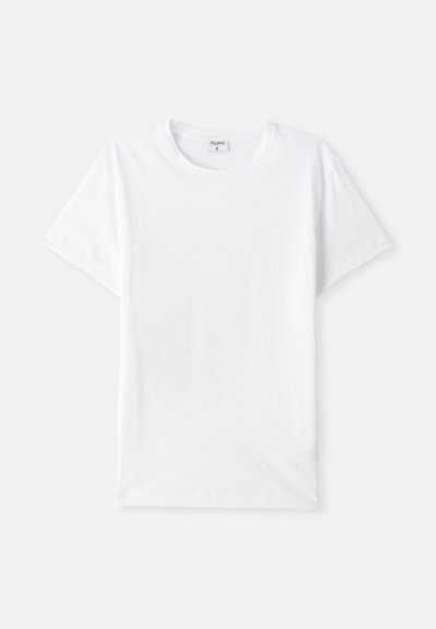 White cotton t-shirt, crew neckline, short sleeves, smooth texture, no patterns or accents, simple design, standard fit.