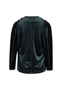 Viskoseoberteil in tiefem Grün mit langen Ärmeln, lässiger Passform und drapierten Details im Rücken. Glatte Textur mit subtiler glänzender Oberfläche.