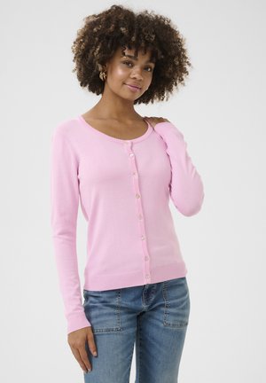 Light pink cardigan made of soft material, featuring a scoop neckline, long sleeves, and button closure down the front. Ribbed cuffs and hem.