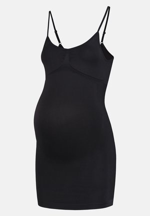 Abito maternit8o nero con spalline regolabili, realizzato in materiale morbido, progettato per adattarsi a una pancia in crescita con una forma attillata.