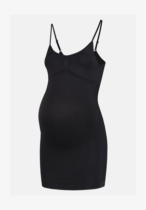 Zwarte zwangerschapsjurk met verstelbare spaghettibandjes, gemaakt van een gladde stof, ontworpen om een groeiende buik te passen met een aangesloten vorm.