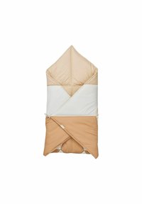 Polstret sovepose med spids top, udstyret med beige og cremefarvede paneler, en tekstureret overflade og en skråtgående lynlås i bunden.