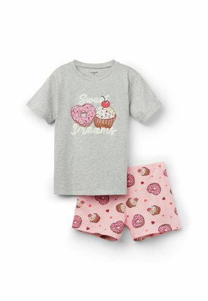 Šedé tričko s krátkým rukávem s textem "Sweet Dreams" a grafikou donutu/koláčku; růžové šortky s potiskem donutu a koláčku, s elastickým páskem.