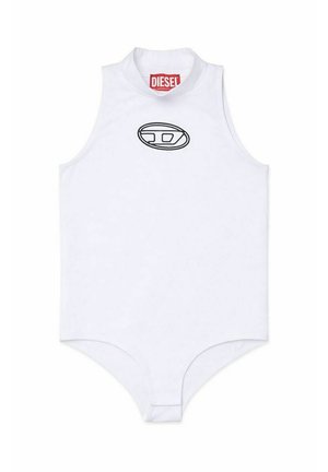 Body blanc sans manches à col haut avec logo ovale noir sur la poitrine et étiquette de marque Diesel rouge à l'intérieur du col.
