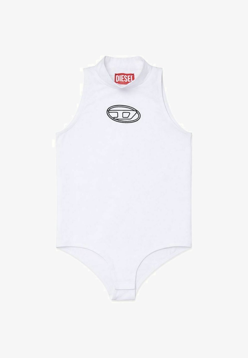 Body bianco senza maniche con collo alto, logo ovale nero sul petto e etichetta rossa del marchio Diesel all'interno del colletto.