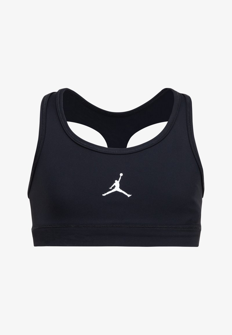 Crni sportski grudnjak izrađen od glatkog, rastezljivog materijala. Ima dizajn leđa s izrezom i bijeli Jumpman logo sprijeda.