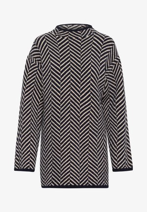 Kötött tunika magas nyakkivágással, tengerészkék és krémszínű halszálkás mintával, hosszú ujjakkal és laza szabással.