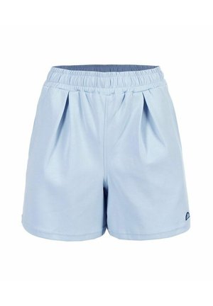 Hellblaue Shorts mit elastischem Bund und subtilen Falten vorne, aus weichem Stoff mit kleinem schwarzem Logo unten rechts.