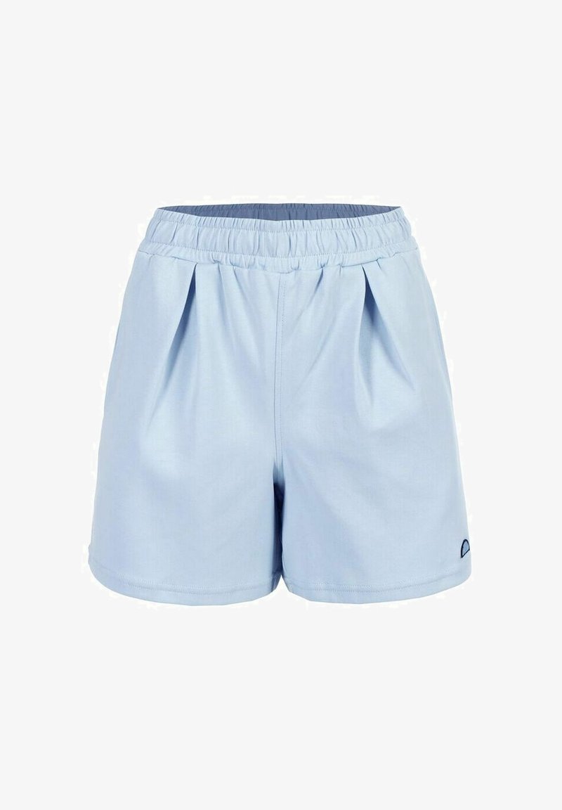 Shorts bleu clair avec taille élastique et plis subtils à l'avant, fabriqués en tissu doux avec un petit logo noir en bas à droite.