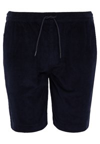 Pantalones cortos de pana azul marina con cinturilla elástica y cordón, que presentan una textura de canalé vertical y bolsillos laterales.
