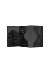 Black wallet featuring a mix of smooth and textured leather with a crocodile pattern. Interior includes card slots and soft lining.