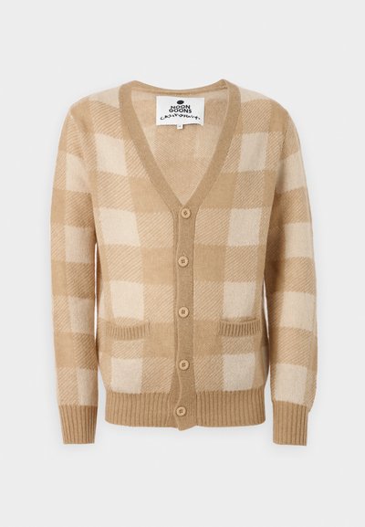 Beige och krämfärgad rutmönstrad kofta med V-ringning, fem knappar, två framfickor och ribbade ärmslut. Tillverkad av ett mjukt ullblandat material.