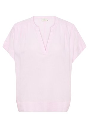 Light pink short-sleeve blouse with a V-neck. Features subtle pleating at the shoulders and a straight hem. Made from a soft, breathable fabric.