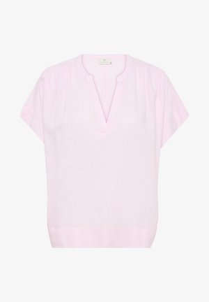 Light pink short-sleeve blouse with a V-neck. Features subtle pleating at the shoulders and a straight hem. Made from a soft, breathable fabric.