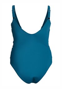Tirkīza grūtnieču peldkostīms ar dziļu V-veida dekoltē, regulējamiem siksniņām un sablīvējumiem sānos, lai nodrošinātu ērtu piegulšanu. Gluda tekstūra.
