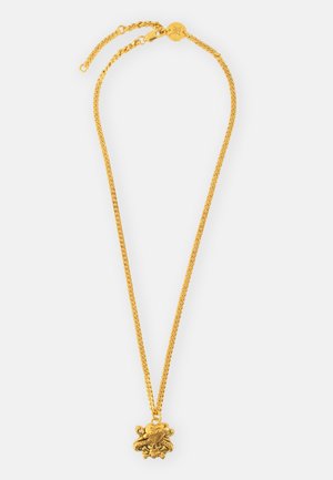 Gold necklace with a textured chain and a central crab pendant featuring intricate detailing and wide claws. Adjustable length clasp.