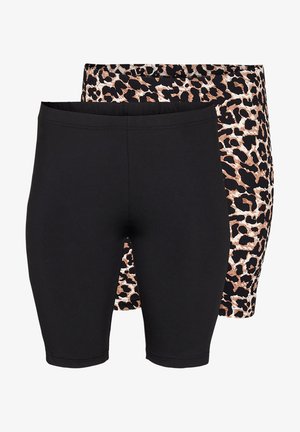 Sæt med sorte og leopardmønstrede cykeltights. Det sorte par har en glat overflade, mens leopardmønsteret har en blank finish med kontrasterende farver og mønstre.
