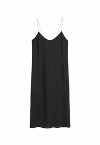 Schwarzes Slipkleid aus glattem Stoff, mit dünnen Trägern, einem V-Ausschnitt und einer geraden Silhouette. Minimalistisches Design ohne Muster.