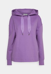 Sudadera con capucha morada de corte relajado, que cuenta con un cordón en la capucha y un discreto detalle del logo en la parte frontal. Material suave de mezcla de algodón.