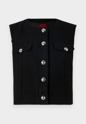 Svart texturerad väst med rund halsringning, silvriga tryckknappar fram och två bröstfickor. Slät innervadd.