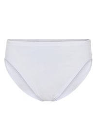 Hvide bomulds-bikini-trusser med en glat overflade, elastisk talje og fuld dækning. Enkle og sømløse syninger.