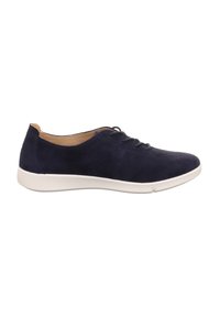 Navy Wildlederschuhe mit weißer Gummisohle, runder Zehenpartie und Schnürung. Das Innere hat einen beigen Futter und eine durchweg glatte Textur.