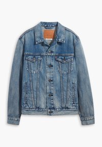 Blue denim jacket featuring a classic design, button front, two chest pockets, and a textured finish. The collar and cuffs are also denim.