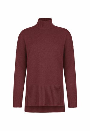 Burgundy polokrage tröja i stickat tyg. Har ribbad nederkant och ärmar, med en avslappnad passform och längre bakdel.