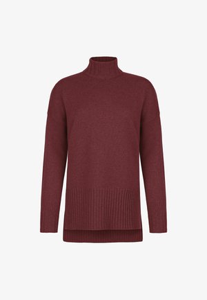 Burgunderfarvet sweater med høj hals lavet af strikket stof. Har ribbet kant og manchetter, med en afslappet pasform og længere bagside.