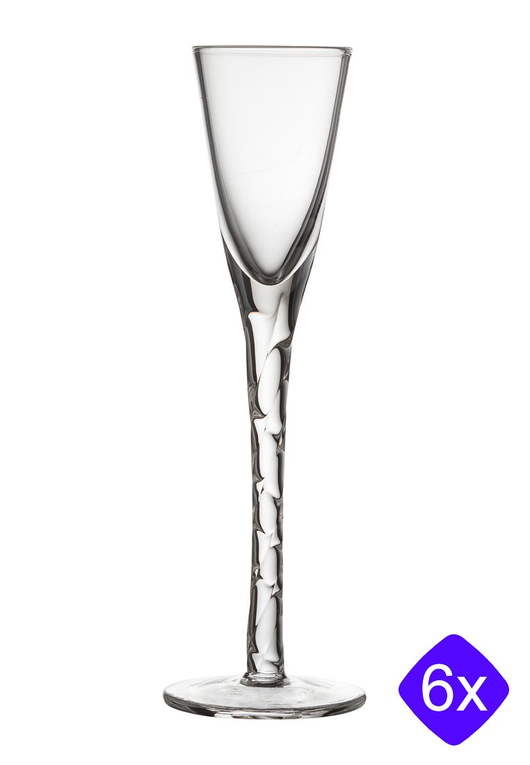 Przezroczysta szklanka do szampana o wysokim, zwężającym się kształcie i teksturowanym, rzeźbionym trzonku. Sprzedawana w zestawie sześciu sztuk.